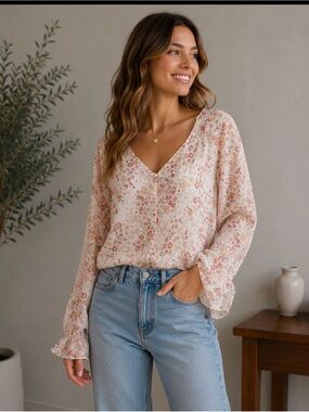 HEYSON Women’s Blouse Size M White Pink Green Floral Chiffon V-Neck Button